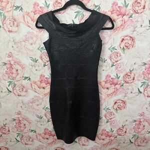 EUC Hervé Leger Off Shoulder Bateau Neck Off Shiny Black Bandage Bodycon Dress S
